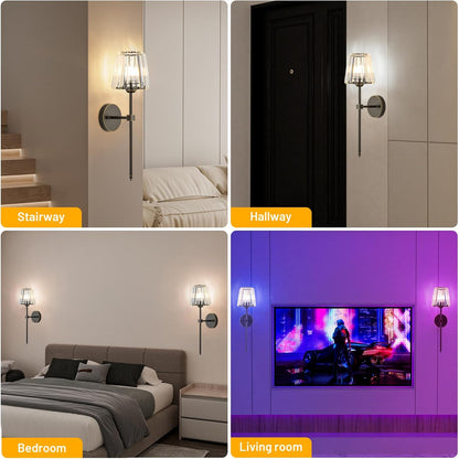 Crystal Battery Operated Wall Sconces Set of 2, Gold Rechargeable Wireless Wall Sconce Lights with Crystal Lampshade, 12 RGB and 3CCT Dimmable Wall Lamps with Remote for Bedroom Living Room Hallway