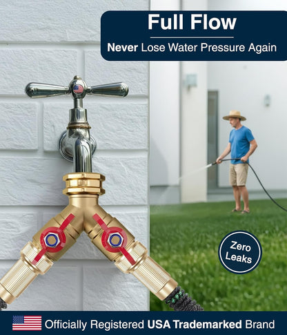 DBR Tech® Garden Hose Splitter 2 Way | Full Flow & Heavy Duty Leak-Proof Brass Water Divider with Dual Shut-Off Valves, Y (Wye) Connector for Outdoor Faucets, Spigots, Lawn & RV | Industrial-Grade