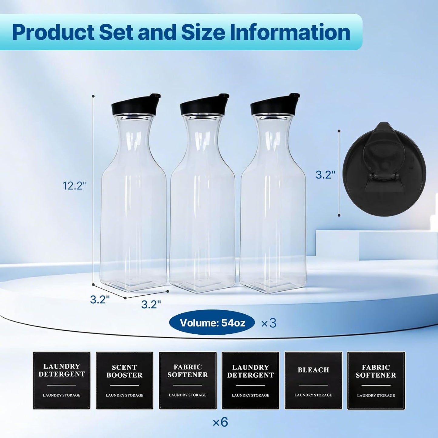 3 Pack Laundry Detergent Dispenser, Soap & Fabric Softener Dispenser, 54oz Detergent Containers, Laundry Room Organization and Storage Plastic Bottle for Scent Booster, Powder, Bleach (Height 12.2'')