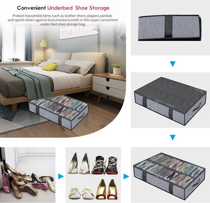 Onlyeasy Sturdy Under Bed Shoe Storage Organizer, Set of 2, Fit 12 to 24 Pairs, Underbed Shoes Closet Storage Solution with Clear Window, Breathable, L29.3 x W23.6 x H5.9, Linen-like Black, MXAUBSB2P