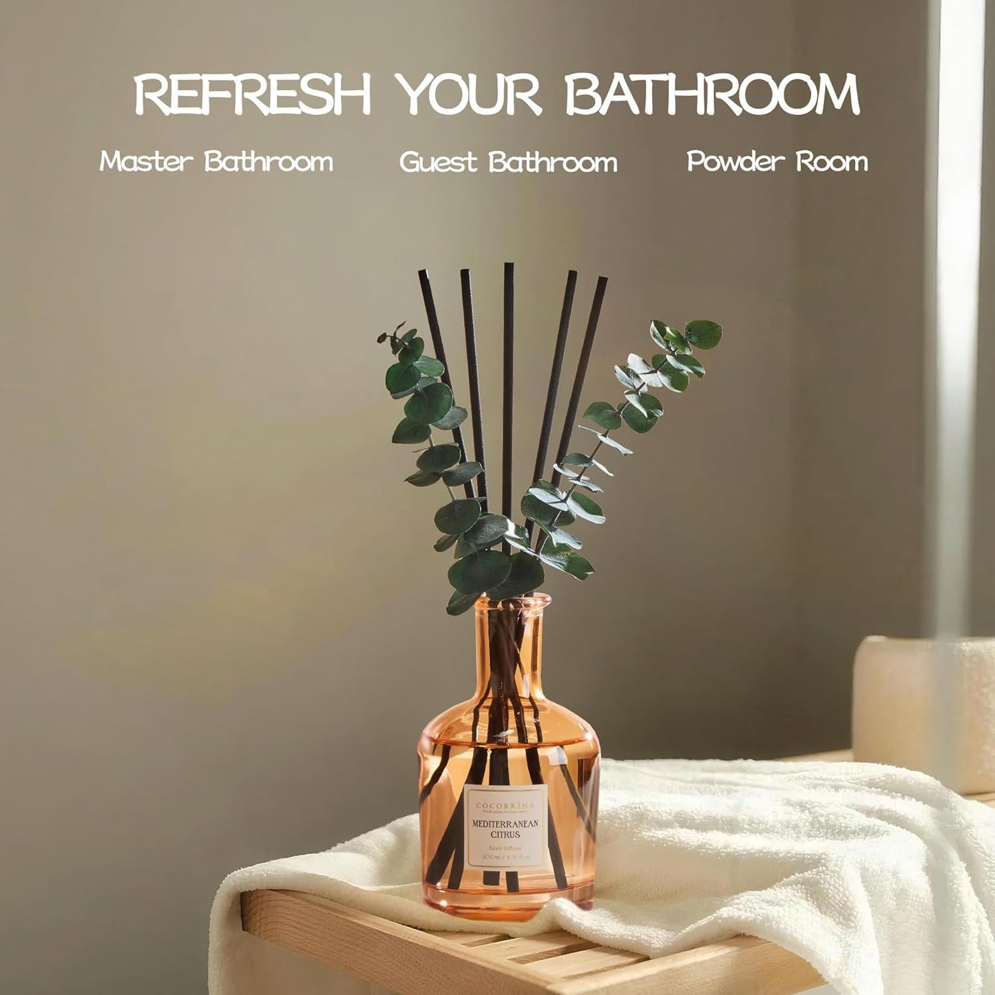 COCORRÍNA Wild Mint & Eucalyptus Reed Diffuser – 6.76 oz Essential Oil with 8 Reeds & Real Eucalyptus Sticks, Home Fragrance for Bedroom or Bathroom Décor