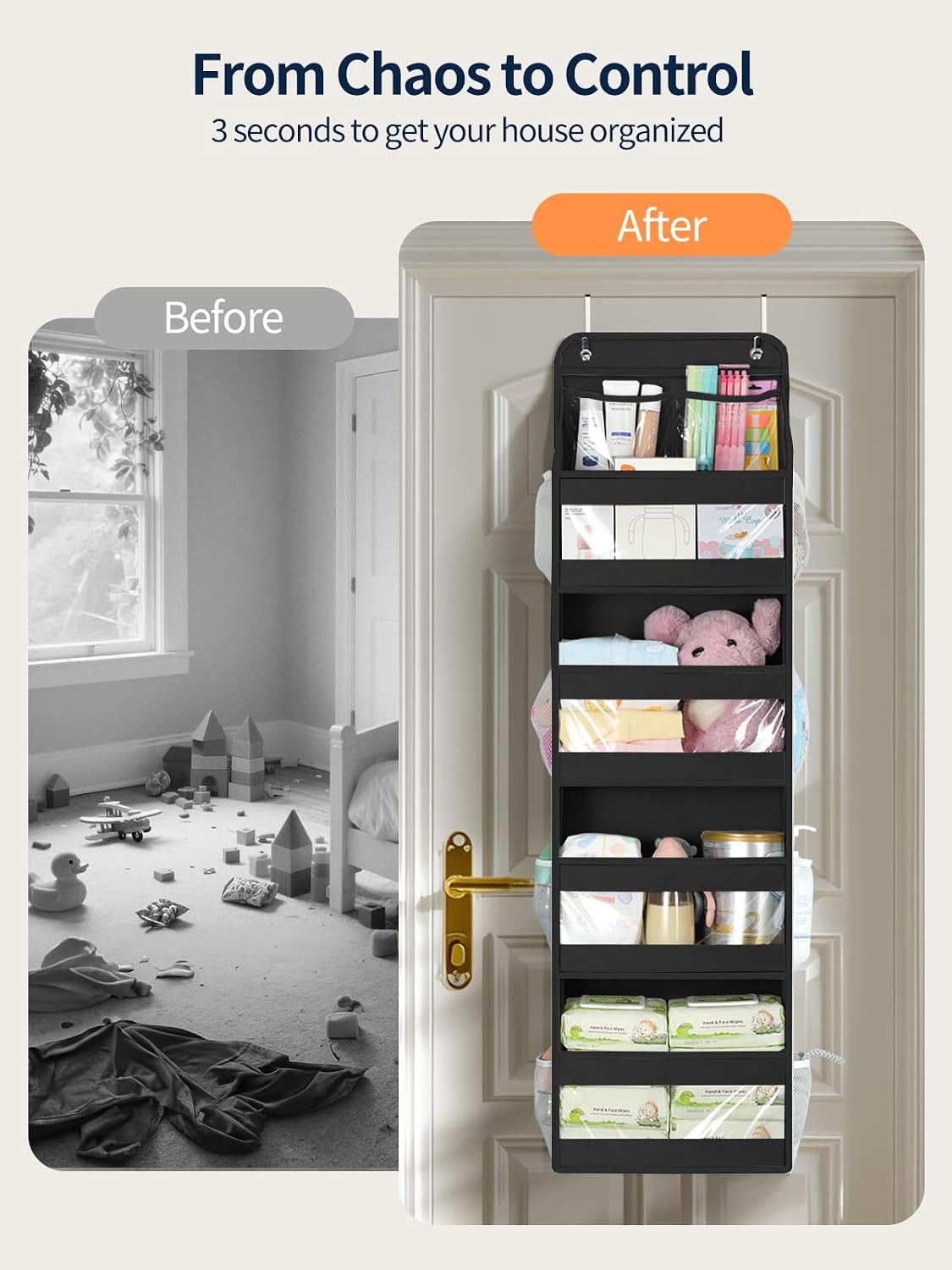 Yecaye 5 Tier Over the Door Organizer, Swing-proof Door Organizer Hanging with Clear PVC Windows, Behind the Door Storage for Bedroom Nursery Closet Laundry Pantry Bathroom, Grey