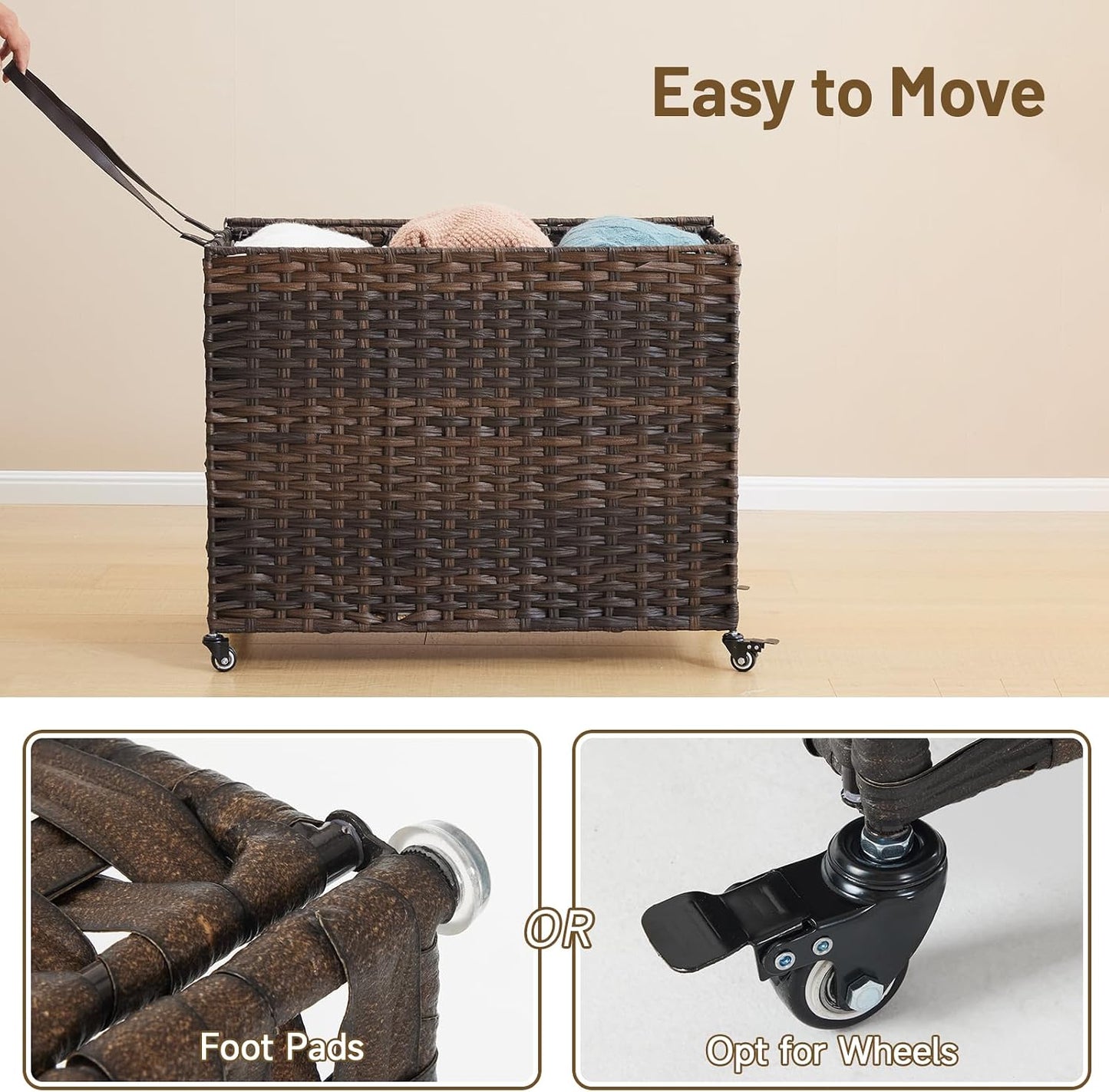Laundry Hamper with Wheels, 52.8 Gallon(200L) Rolling Laundry Basket with Lid, Removable Large 3 Color Liners & 3 Mesh Laundry Bags, Clothes Hamper with Side Pocket, Natural