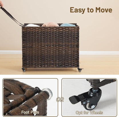 Laundry Hamper with Wheels, 52.8 Gallon(200L) Rolling Laundry Basket with Lid, Removable Large 3 Color Liners & 3 Mesh Laundry Bags, Clothes Hamper with Side Pocket, Natural