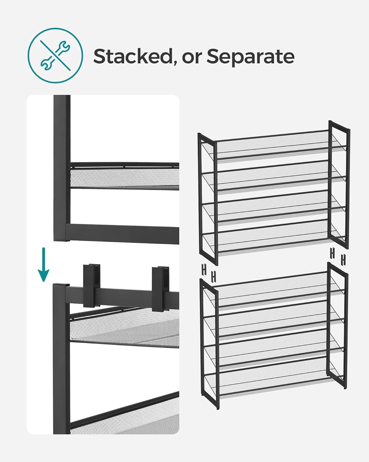 SONGMICS Shoe Rack, 12-Tier Shoe Organizer, Metal Shoe Storage for Garage, Entryway, Set of 2 6-Tier Stackable Shoe Shelf, with Adjustable Flat or Angled Shelves, Holds 48-60 Pairs, Black ULMR12B