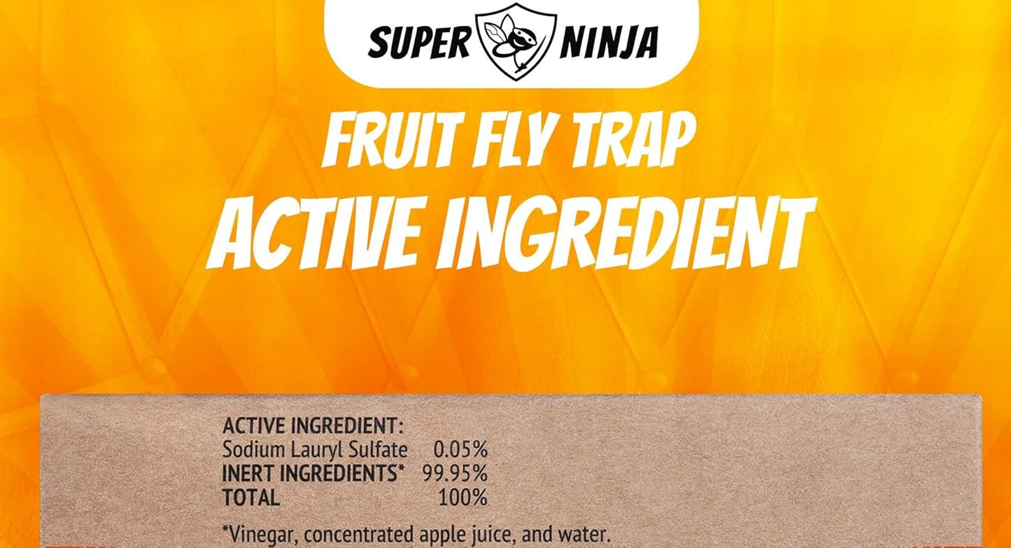 Super Ninja Fruit Fly Traps for Indoors - 4 Pack, Highly Effective Fruit Fly Catcher for Indoor Use for Home & Kitchen, Up to 3 Weeks of Performance per Bottle, Kid & Pet Friendly