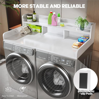54" X 27.5" Washer and Dryer Countertop, Adjustable Laundry Countertop with Shelf, Extra Dividers, Folding Clothes Station, Over Machine Storage for Detergents & Essentials (Natural)