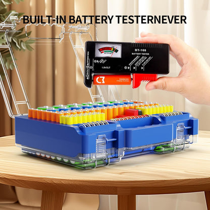 Molutsody Battery Organizer Box with Tester, Storage Case Holds 260 Batteries, Double Clear Locking Lid for AA AAA C D 9V - Red (Batteries Not Included)