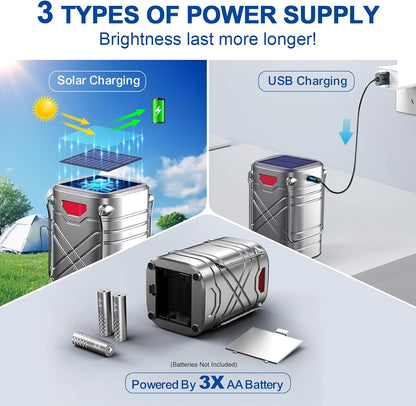LETMY 4 Pack Camping Lantern, Rechargeable LED Lanterns, Solar Lantern Battery Powered Hurricane Lanterns Flashlight with 3 Powered Ways & USB Cable for Emergency, Power Outage, Hurricane Supplies