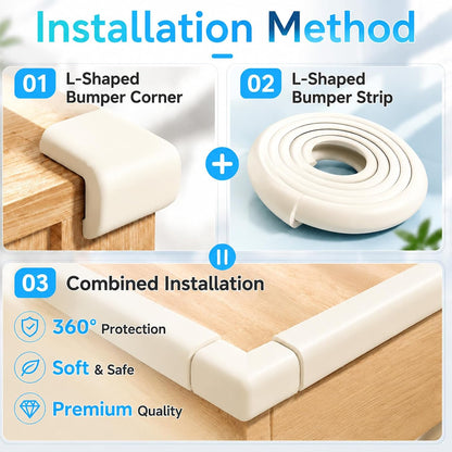 ZOMPAGO Baby Edge Protector Roll (6.56FT) & 8 Corner Guards - White Foam Furniture Corner Protectors - Baby Proof Corners and Edges for Table, Wall, Bed Frame - Baby Proofing Safety Bumpers