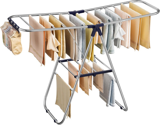 SONGMICS Clothes Drying Rack, Foldable Laundry Drying Rack, Blue | Sock Clips, Metal Clothes Airer with Height-Adjustable Gullwings, Space-Saving, Indoor Outdoor, ULLR505EQ01