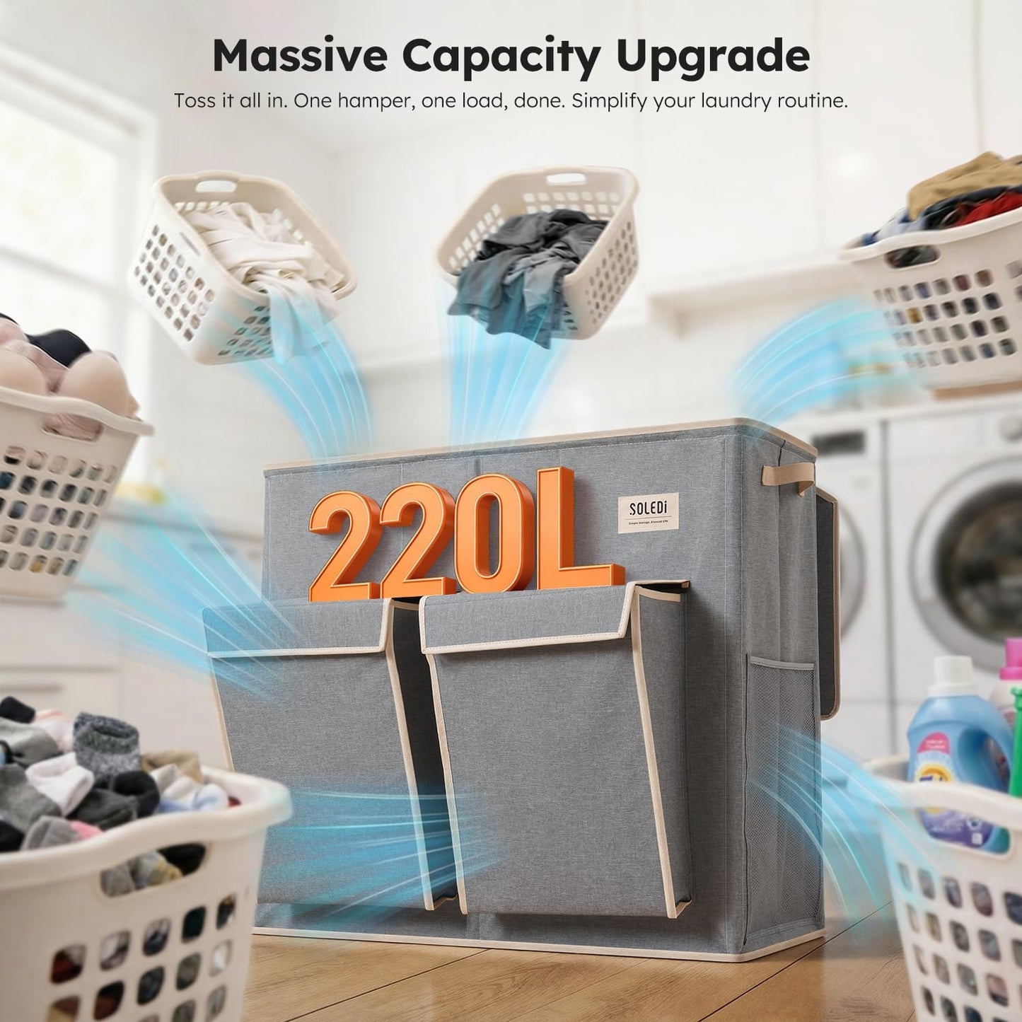 SOLEDI 220L Laundry Hamper 3 Section,Extra Large Laundry Basket with Lid and 2 Side Pockets, Dirty Clothes Hamper with Removable Bag Easy to Carry for Laundry Room, Bedroom, Bathroom, Black