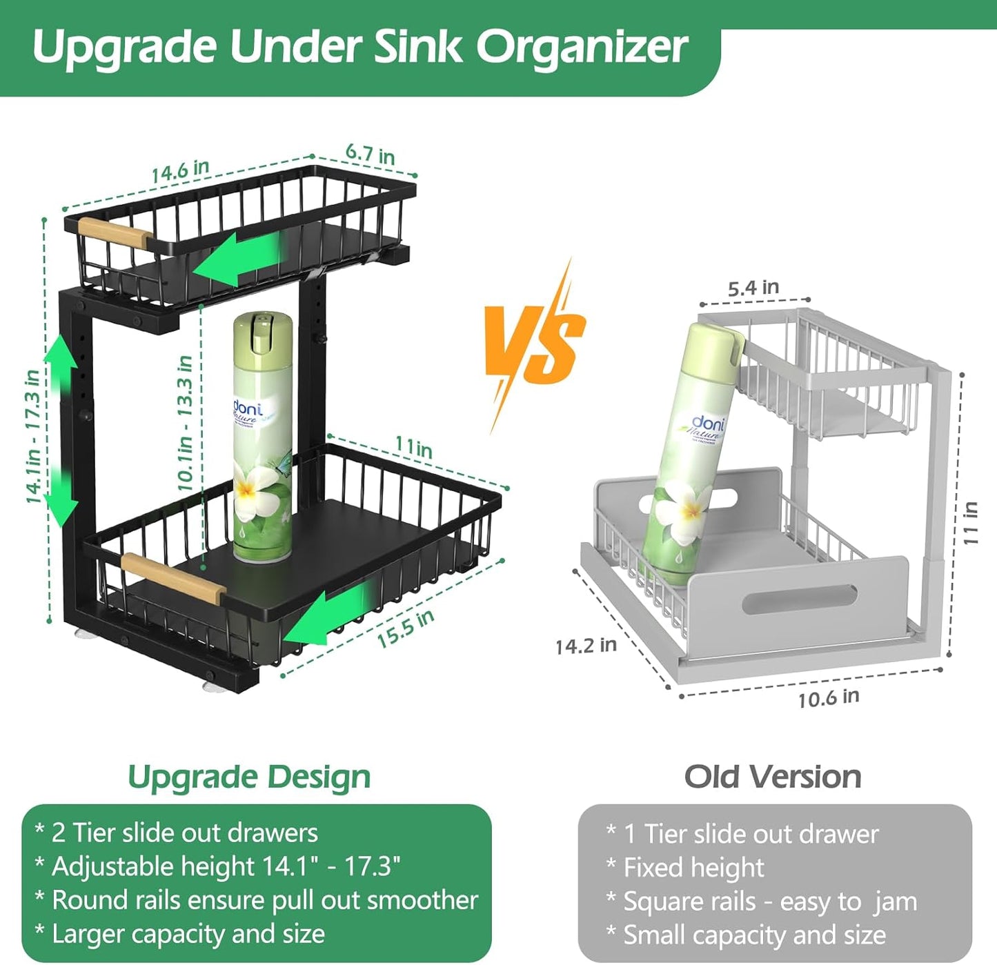 ADRIMER Under Sink Organizer 2 Packs, Pull Out Kitchen Sink Organizer, 2 Tier Slide Out Kitchen Organizers and Storage Bathroom Under Cabinet Storage Shelf, Transparent & White