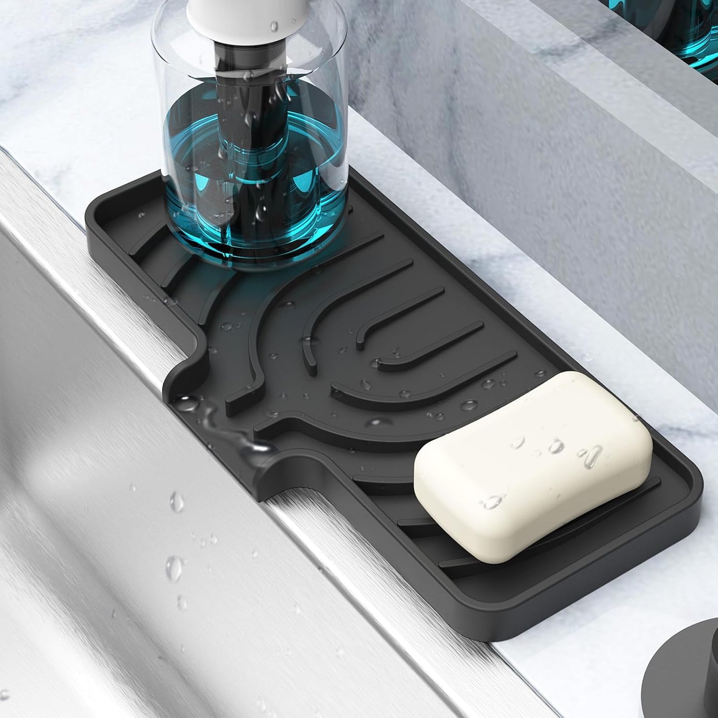 Sponge Holder for Kitchen Sink, Dish Sponge Holder & Soap Tray with Drain, Bathroom Sink Sponge Drying Rack & Perfect Organizer for Dispenser,Bottle,Cup on Sinks or Counter(8"x 4"Gray)