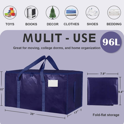 8 Pack-Extra Large Heavy Duty Moving Bags - Waterproof Storage Totes with Handles & Zippers, Foldable for College Dorm, Storage (Clear)