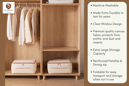 Chaos Cleared Canvas Storage Bags Designer Organizer for Comforters 2 Pack – Seasonal Storage for Pillows, Blankets, Linens & Garments – Foldable Design with Zip & Window, Moth-Proof Space Saver