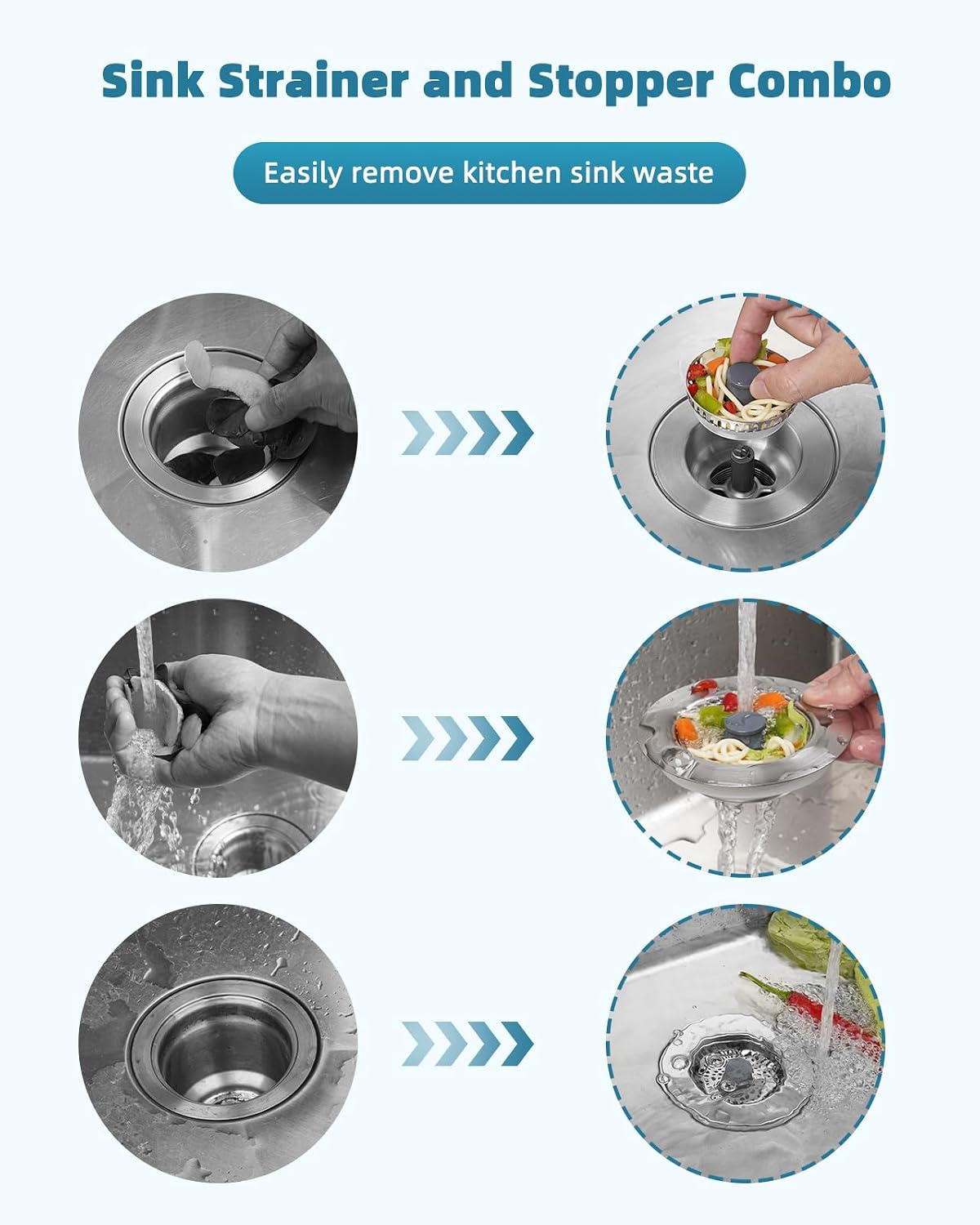 All Metal Sink Drain Strainer for Kitchen Sink, Universal Fit | Pop Up 3-in-1 Sink Stopper Drainer, 304 Stainless Steel Basket for US Standard 3-1/2 inch Drain Filter, Anti-clog