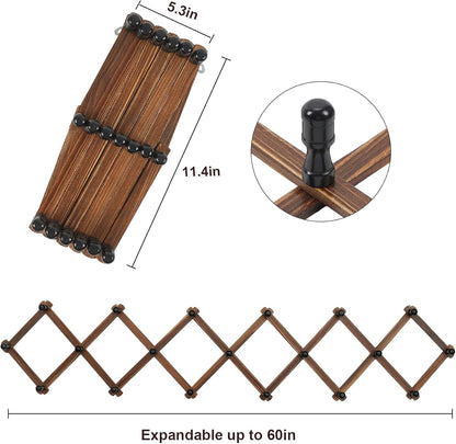 WGFKVAS 2 Pack Accordion Hat Rack for Wall - Expandable Coat Rack & Wall Mounted Hat Holder - Wooden Wall Hanger with 10 Peg Hooks for Coats, Baseball Caps, Keys & Mugs