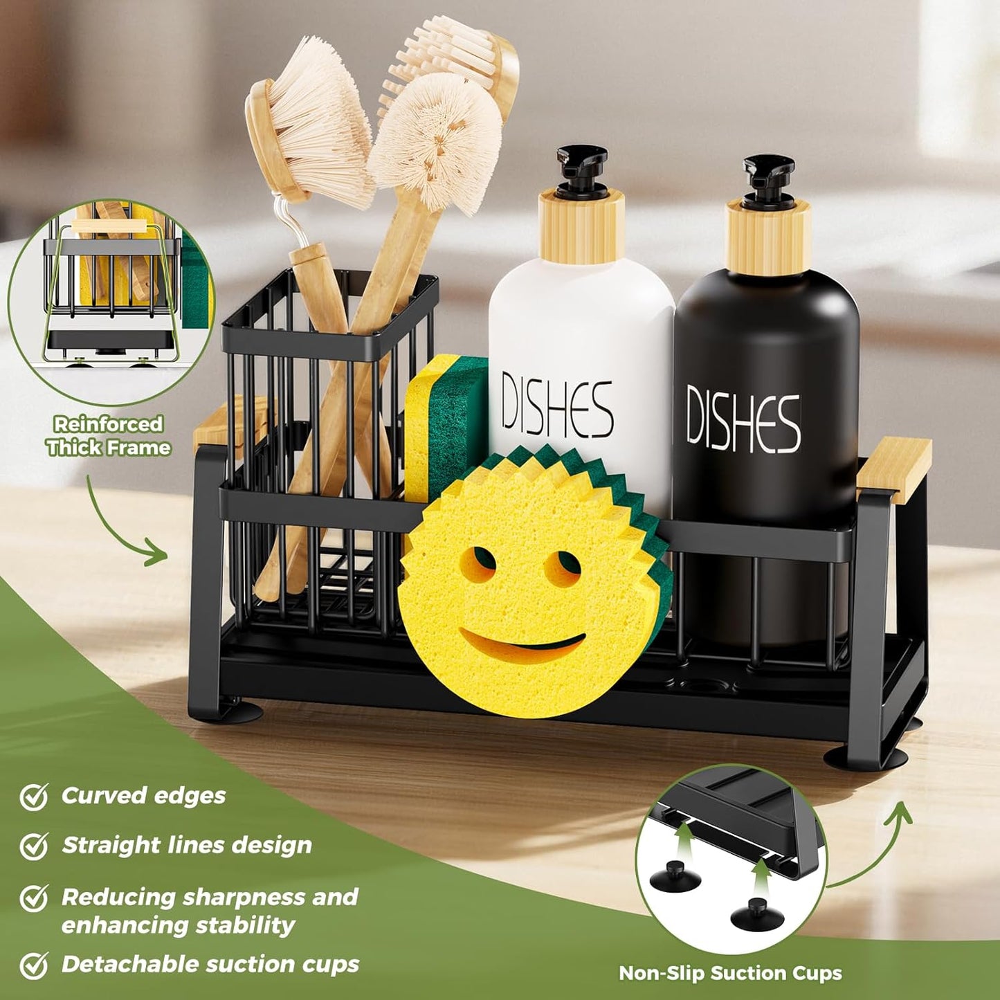 Sponge Holder for Kitchen Sink, Sink Caddy Organizer with Dish Brush Holder, Sink Organizer Rack with Suction Cups, Smiley Face Sponge Caddy Self Drain for Soap Dispenser Storage Accessories