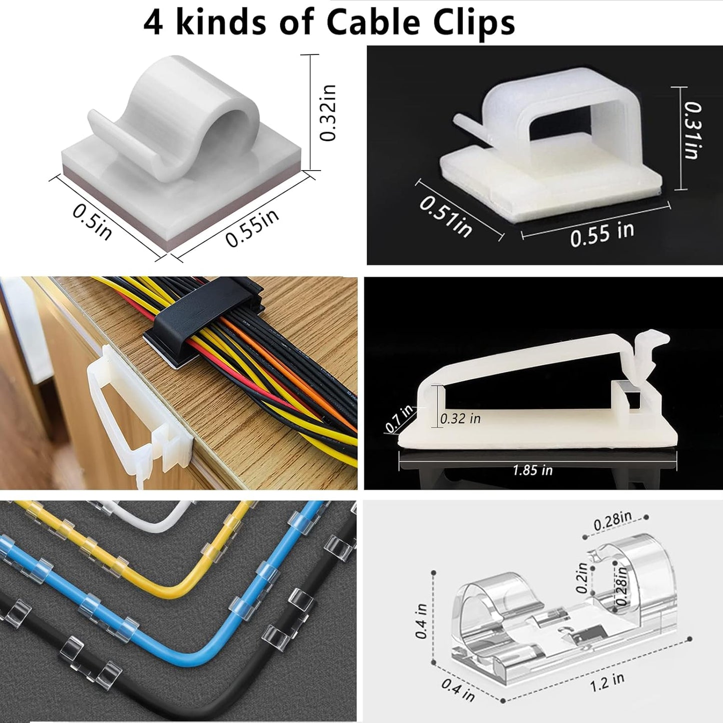 White Cable Management Organizer Kit 4 Cable Sleeve Split 311Pcs | 47Cable Clips 12Cord Clips Holder,22 Cable Ties, 20 adhesive Wall cable Tie, 200Fasten Cable Ties for TV Electronics