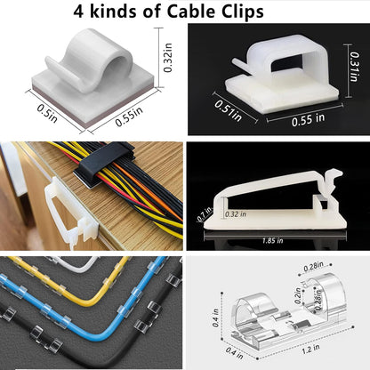 White Cable Management Organizer Kit 4 Cable Sleeve Split 311Pcs | 47Cable Clips 12Cord Clips Holder,22 Cable Ties, 20 adhesive Wall cable Tie, 200Fasten Cable Ties for TV Electronics
