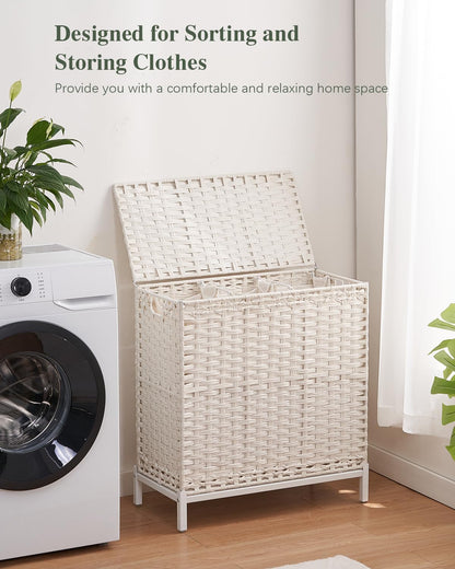 SETVSON Laundry Hamper with Lid 132 L, (35 Gallons) Clothes Hamper with Lid, Handwoven Rattan Laundry Hamper with Metal Heightened Feet, Laundry Hampers with 3 Removable Liner Bags for Laundry-Natural