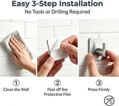 Fotosnow Adhesive Towel Hooks 15lbs Heavy Duty Wall Hooks Waterproof Stainless Steel Hanger for Hanging Coat, Hat, Towel Robe Hook Rack Wall Mount- Bathroom and Bedroom 4-Packs