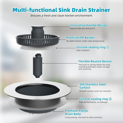 Hibbent 3 in 1 Kitchen Sink Drain Strainer, Stainless Steel Wrapped Shell Drain Stopper Combo, Pop Up Sink Stopper, 3 Anti-Clogging Basket Strainer with Foldable Handle for US Standard 3-1/2" Drain