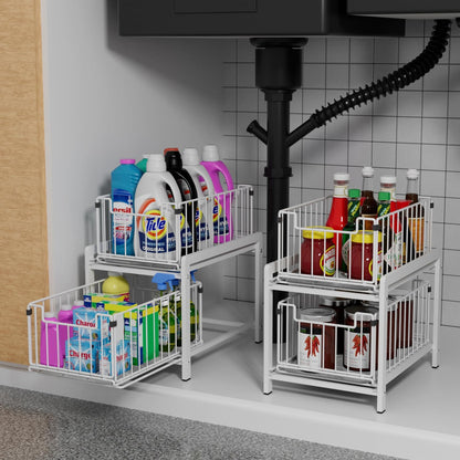2 Tier Sliding Basket Drawer Organizer, Lxmons Pull Out Under Sink Cabinets Organizers, Metal Home Shelf for Bathroom or Kitchen, Sliding Countertop or Pantry Storage Shelf, Large Black