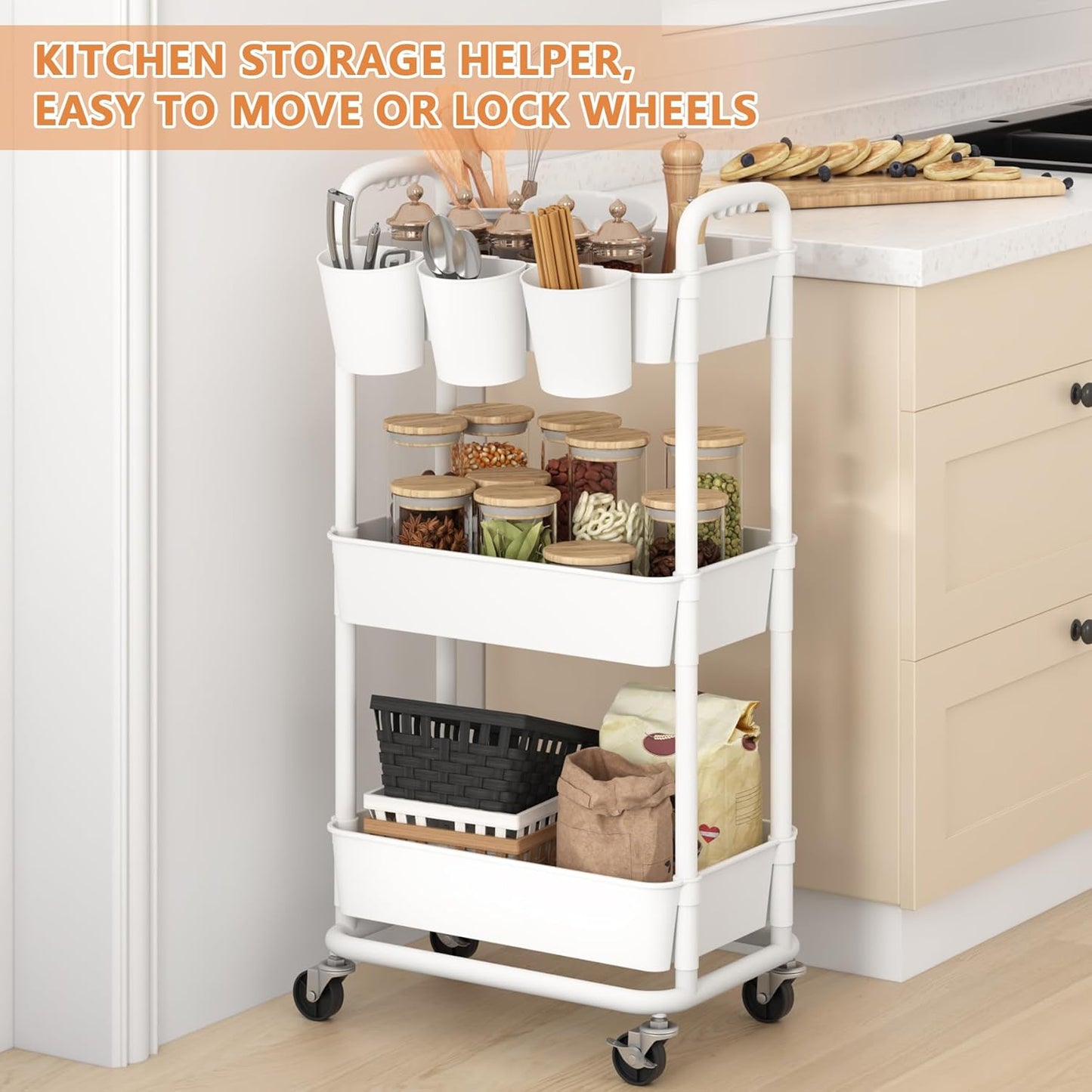 JIUYOTREE 4-Tier Plastic Rolling Storage Cart Utility Cart with Extra Hanging Cups Handles Lockable Wheels for Living Room Bathroom Kitchen Office White