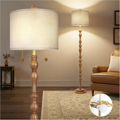Scenekoy 65.5” Natural Real Wood Floor Lamp for Living Room Bedroom, Dual S Cluster Socket, Pull Chains Switch, Farmhouse Tall Standing Lamp with Linen Shade for Home Room Decor (Bulbs Included)