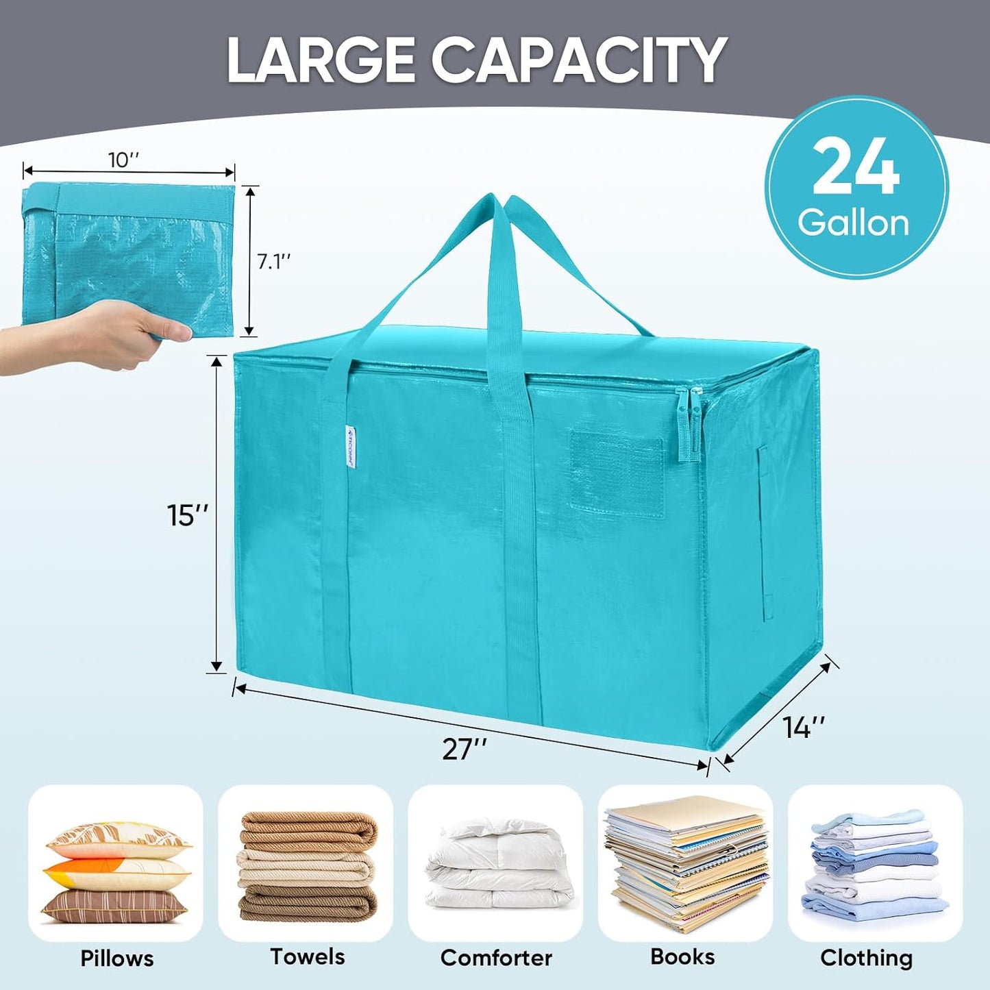 TICONN 4 Pack Extra Large Moving Bags Heavy Duty with Zippers & Carrying Handles, Durable Storage Bags Moving Boxes for Closet Organizers and Storage (4 Pack, Blue)