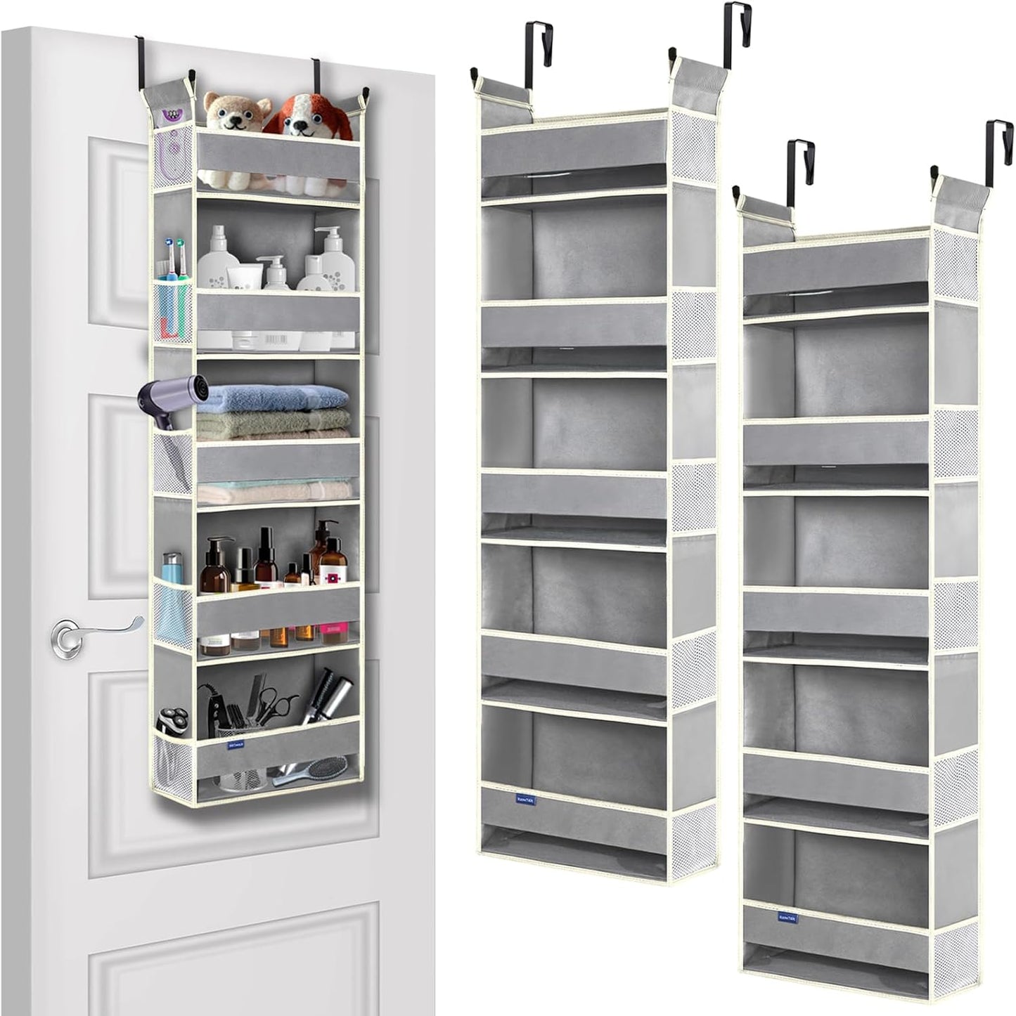 Over The Door Organizer 5-Shelves and 10 Side Pockets, Over The Door Storage for Bathroom Bedroom Nursery, Hanging Door Organizer for Baby Diapers and Kids Toys (13"x5"x44", Grey)