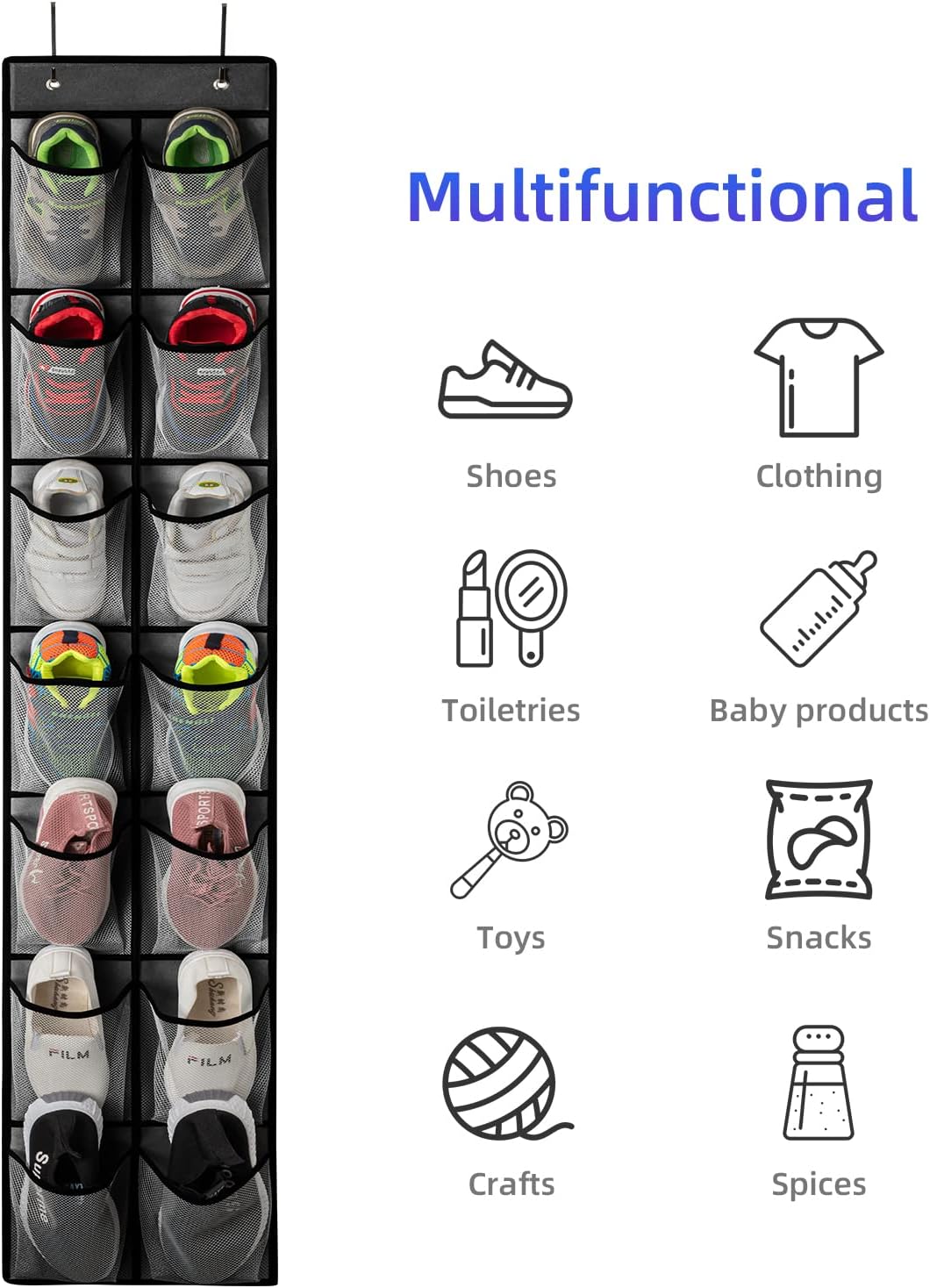 KEEPJOY Over the Door Shoe Organizer, Hanging Shoe Organizer with 4 Hooks, Shoe Holder with 14 Mesh Pockets Closet Door Shoe Storage Bag (White-2Pack)