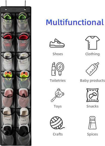 KEEPJOY Over the Door Shoe Organizer, Hanging Shoe Organizer with 4 Hooks, Shoe Holder with 14 Mesh Pockets Closet Door Shoe Storage Bag (White-2Pack)