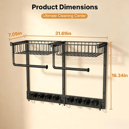 Broom Holder Wall Mount, Broom and Mop Organizer Wall Hanging with Paper Towel Holder & Removable Anti-fall Basket, Wall Mount Cleaning Supplies Organizer for Laundry Room, Apartment, Utility Room