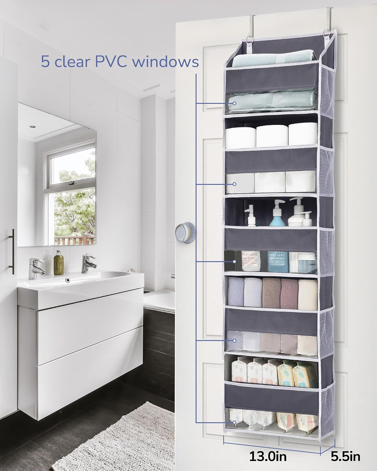 ULG Over the Door Organizer, 5-Tier Extra Large Hanging Storage with 10 Mesh Pockets, 100 lbs Capacity, Heavy Duty Door Organizer for Closet, Bedroom, Nursery Storage, Beige