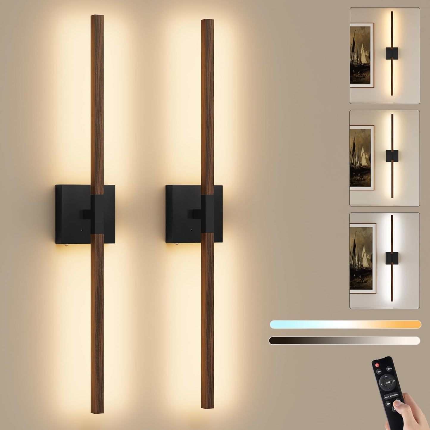 8000mAh Battery Operated Wall Sconce with Remote Control, 3000K-6000K Dimmable Black Wireless Rechargeable Wall Sconces Set of Two with Timer Function for Living Room, Bedroom, Stairwell, TV 24 Inch