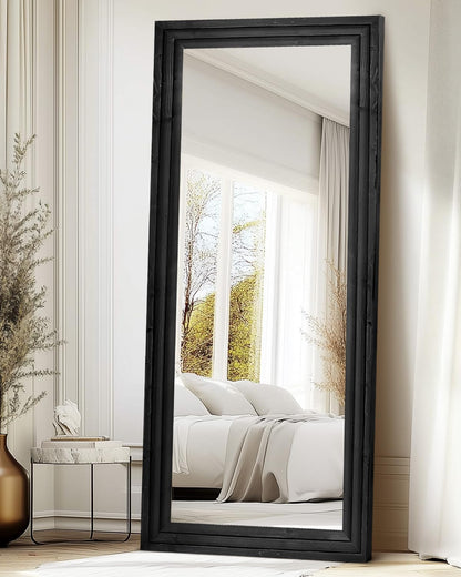 Full Length Mirror 65"x22" with Stand Solid Wood Frame Floor Large Mirror for Living Room, Bedroom Hanging Standing or Leaning Wall-Mounted, New Black