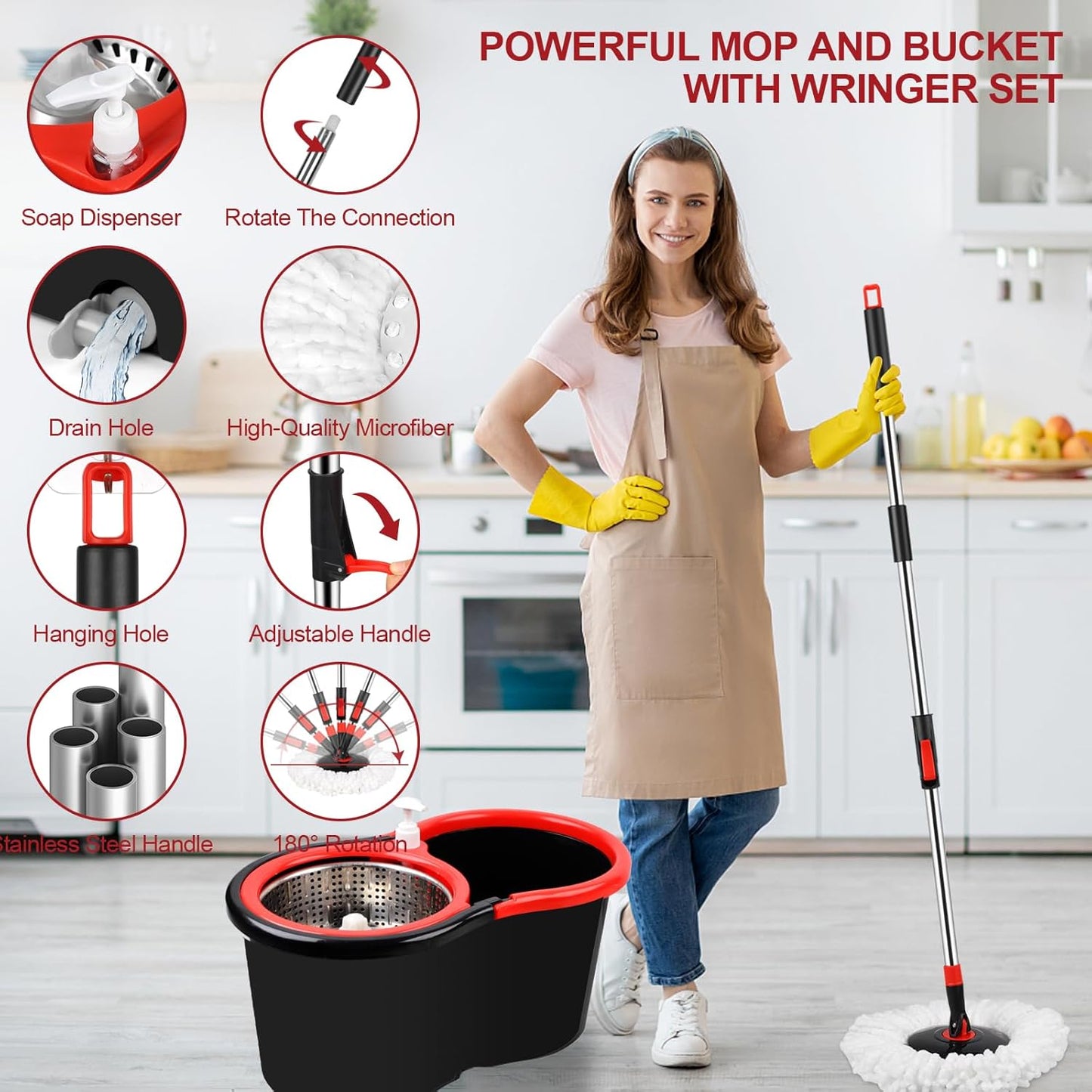 Spin Mop and Bucket with Wringer Set, 360° Spinning Mop Bucket System with 3 Microfiber Mop Replacement Heads, Adjustable Handle for Floor Cleaning (Green)