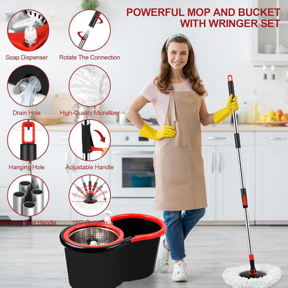 Spin Mop and Bucket with Wringer Set, 360° Spinning Mop Bucket System with 3 Microfiber Mop Replacement Heads, Adjustable Handle for Floor Cleaning (Green)