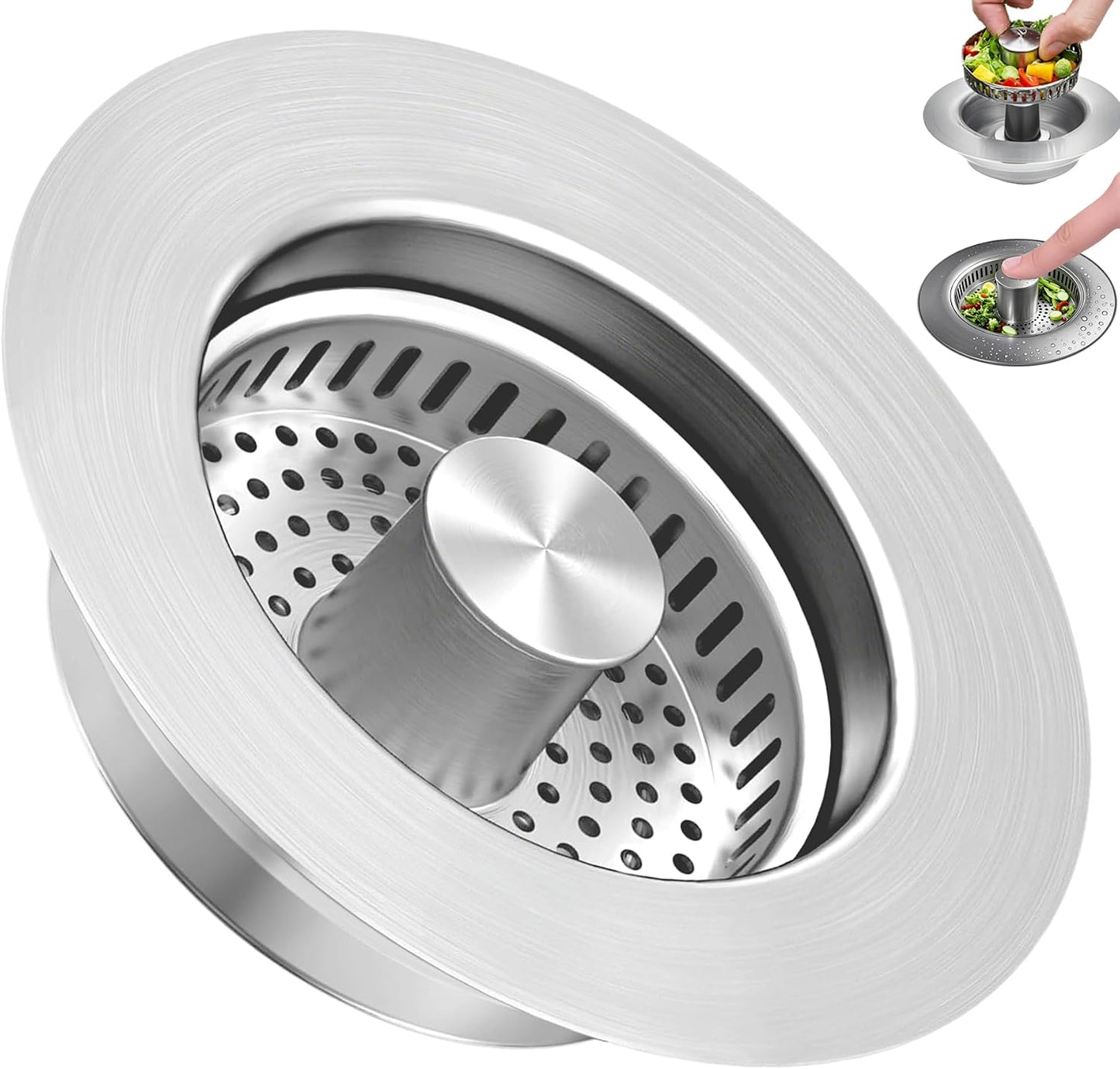 Kitchen Sink Drain Strainer for 3-1/2 Inch Drain Hole, 3-in-1 304 Stainless Steel Pop-Up Sink Strainer and Stopper with Anti-Clog Filter Basket & Food Catcher (Silver, 1 Pack)