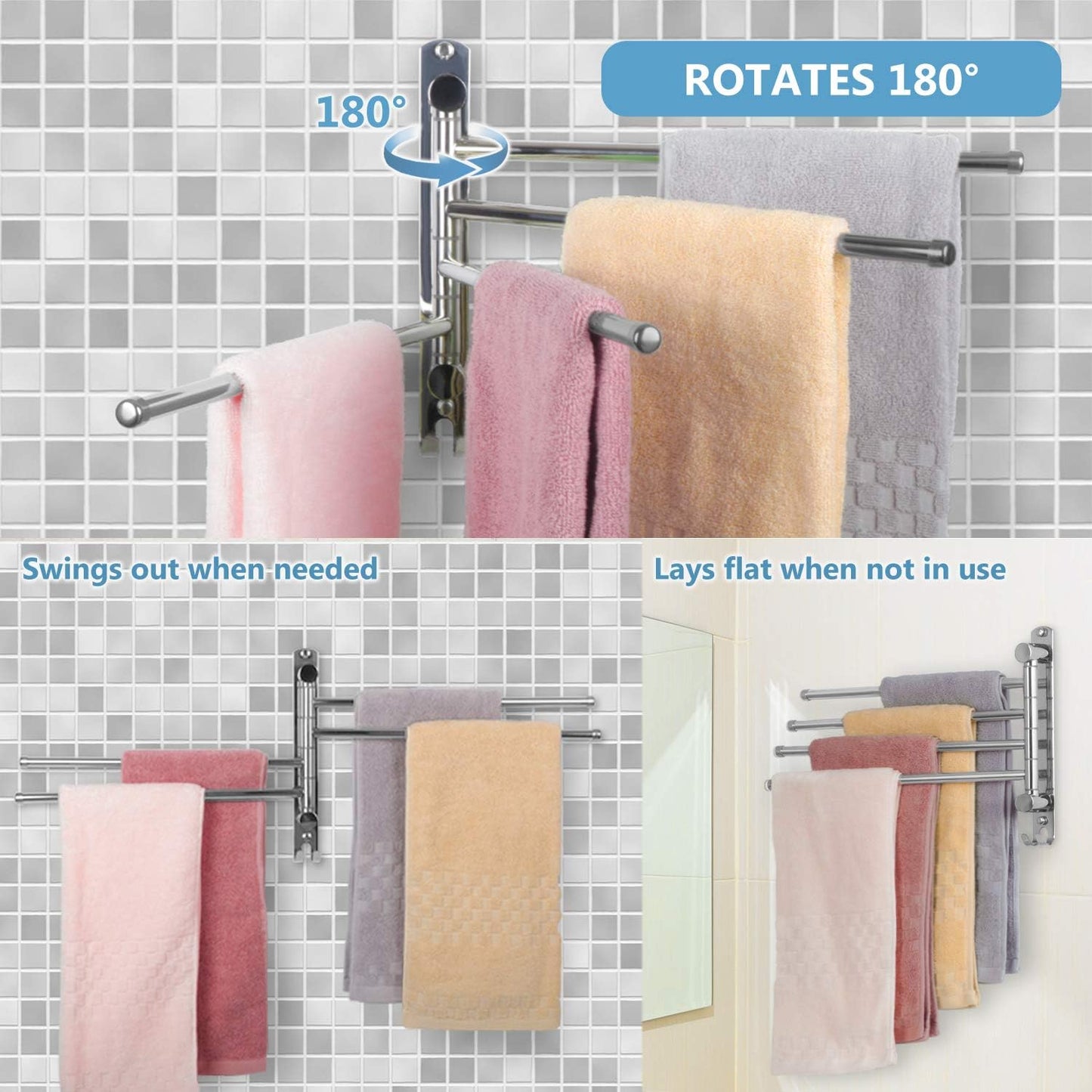 Towel Rack Wall Mounted JSVER Bathroom Towel Rack, Space Saving Towel Holder, 13.4 Inches Swivel SUS304 Stainless Steel Towel Bar, 180° Rotation 6 Arms Towel Racks for Bathroom