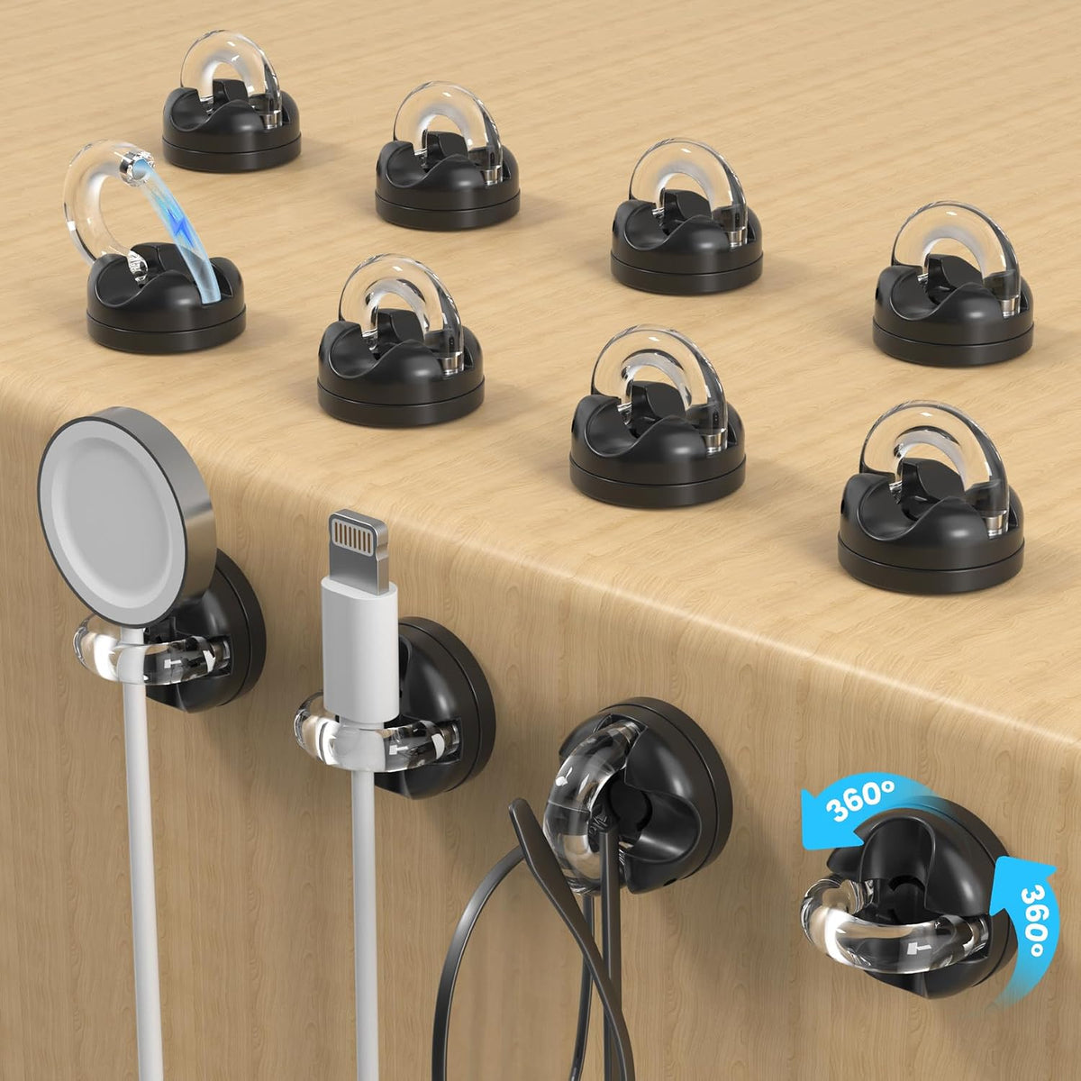 Rotatable Magnetic Cable Clips, Smooth Adjustable Cord Holder, Under Desk Cable Management, Adhesive Charging Wire Holder Keeper Organizer for Office Nightstand Wall (Black)