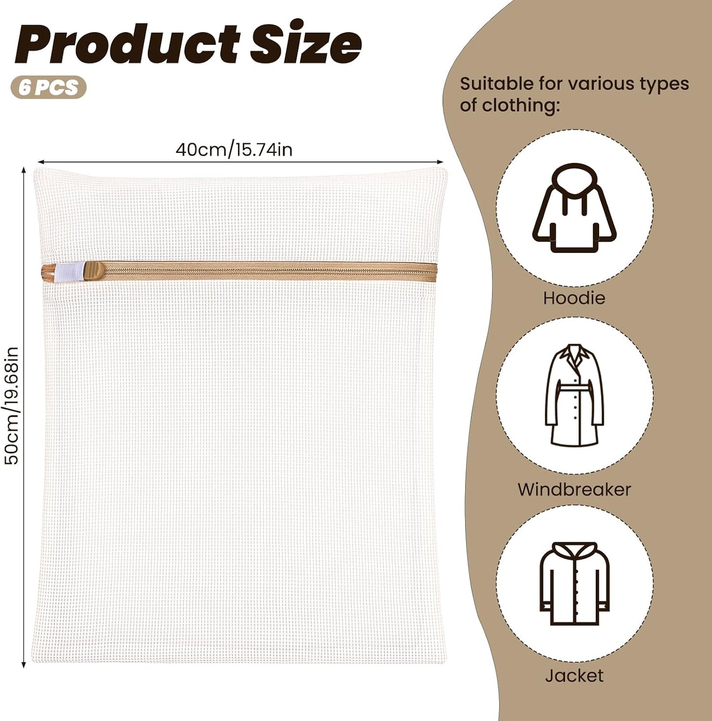 6 Pieces Large Durable Organic Cotton Mesh Laundry Bags, Durable Cotton Mesh Laundry Bag with Sturdy Zipper, Exquisite Laundry Bag for Lingerie, Socks, Clothes, Pants, Underwear, Breathable