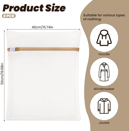 6 Pieces Large Durable Organic Cotton Mesh Laundry Bags, Durable Cotton Mesh Laundry Bag with Sturdy Zipper, Exquisite Laundry Bag for Lingerie, Socks, Clothes, Pants, Underwear, Breathable