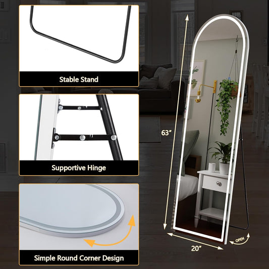 DUMOS Arched LED Mirror Full Length Standing, 16"x60" Full Body Wall Mirror | LED Lights 3 Color Lighting and Shatterproof Tempered Glass, Wall Hanging or Leaning, Floor Standing, Modern Home Decor
