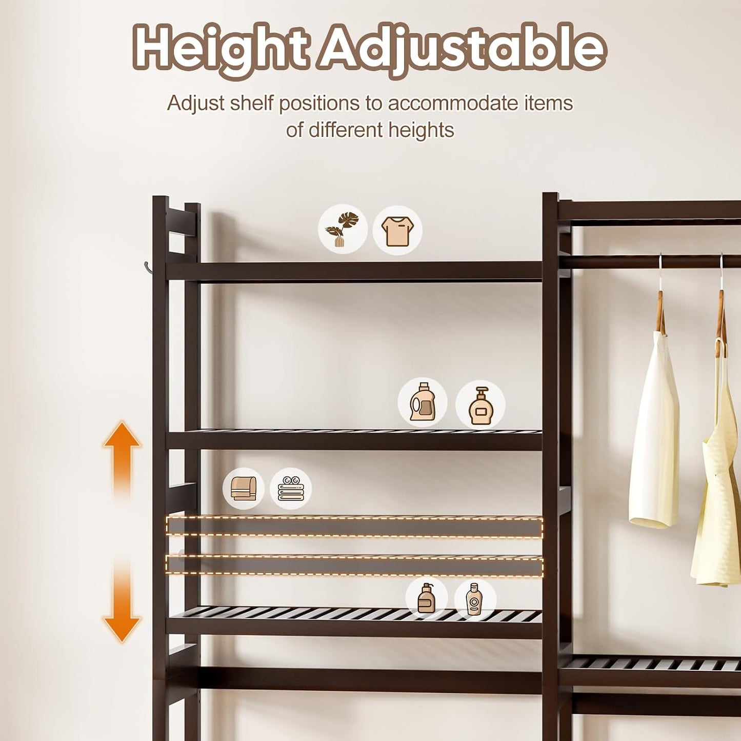 Cozivolife Over The Washer and Dryer Storage Shelf Bamboo,5 Tiers Laundry Room Drying Rack with Adjustable Shelves and 4 Hooks,Space Saver Organizer for Hanging Clothes and Towels (White)