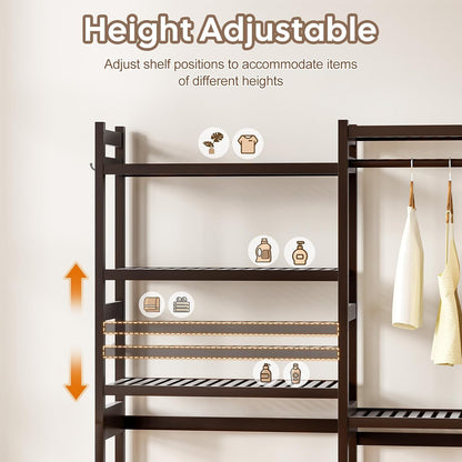 Cozivolife Over The Washer and Dryer Storage Shelf Bamboo,5 Tiers Laundry Room Drying Rack with Adjustable Shelves and 4 Hooks,Space Saver Organizer for Hanging Clothes and Towels (White)