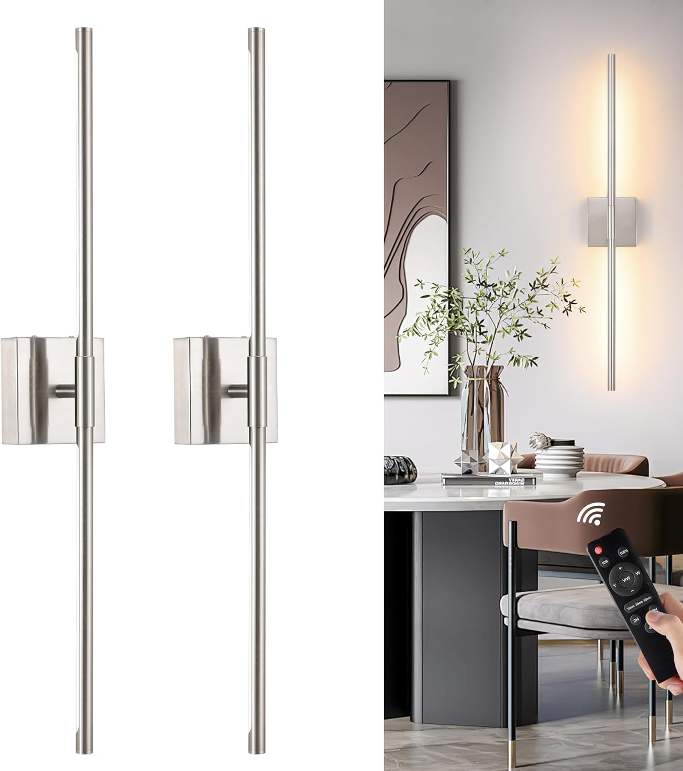 Morauroral Battery Operated Wall Sconces Set of 2, 10000mAh Rechargeable Sconces, 3000K-6000K Dimmable LED Wall Lamp with Remote, 24 Inch Black Gold Wireless Wall Lights for Bedroom, Living Room